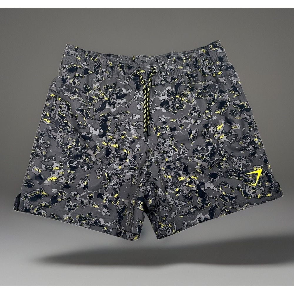 Gymshark Mens Medium Camo Print Athletic Workout Running Shorts Yellow Grey